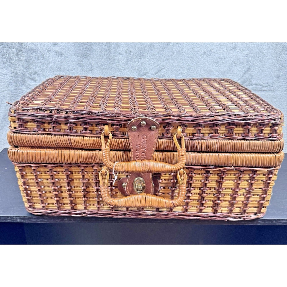Grey Goose Wicker Picnic Basket Case Storage Box 18x12x8 Lined Vintage